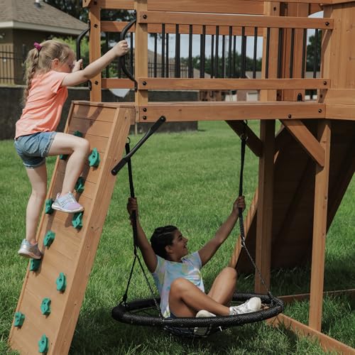 Backyard Discovery Sterling Point Cedar Wood Swing Set with Wave Slide, Raised Clubhouse, Wooden Bridge, Rock Wall, Belt S...