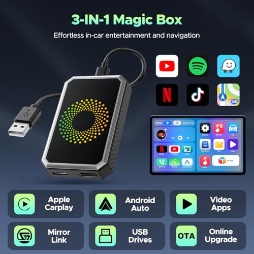 LAMTTO 3-in-1 Magic Video Box for Streaming Netflix/YouTube/TikTok, Wireless Carplay Adapter Dongle with USB Drive for OEM...