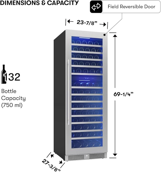 Zephyr Presrv 24 Inch Wine Fridge Full Size Dual Zone - Wine Cooler Cellars Large Cabinet Wine Refrigerator Home Bar Chiller Freestanding with French Glass Door - 138 Bottles 750 ml