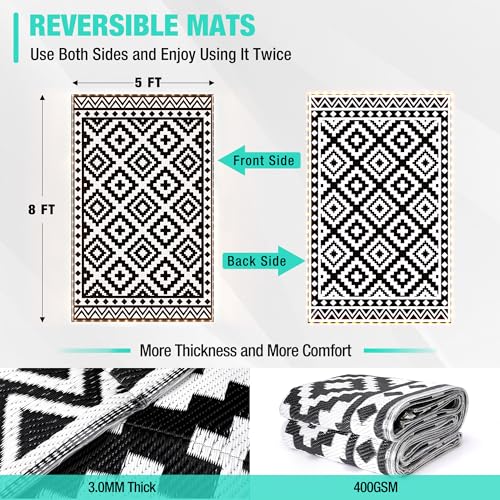 HAUSHOF 5'X8' Outdoor Rug Waterproof with LED Strip Light, Reversible Outdoor Plastic Straw Rug, Patio Rug with 4 Rug Stak...
