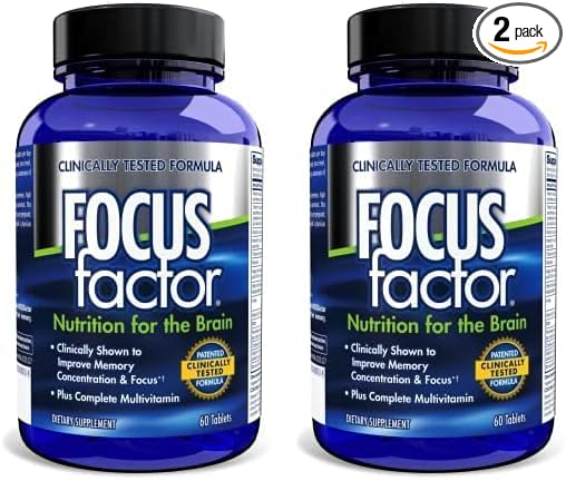 Focus Factor Nutrition for The Brain, Improved Memory & Concentration Brain Supplement, Complete Multivitamin with Vitamins B6, B12, D, Bacopa Monnieri & Tyrosine, 60 Count (Pack of 2)
