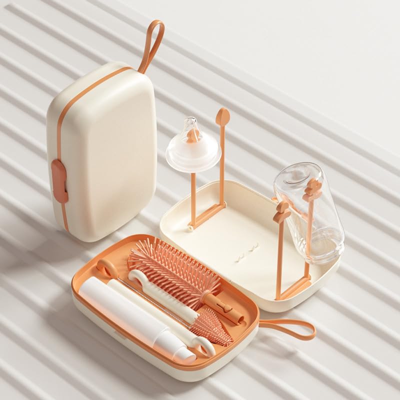 Travel Bottle Cleaner kit, 7in1 Baby Toddler Travel Essential Silicone Bottle Brush Set, Nipple, Drying Rack, Straw, & Breast Pump Cleaning, Soap Dispenser & Organizer Case, Gift for Mom (White)