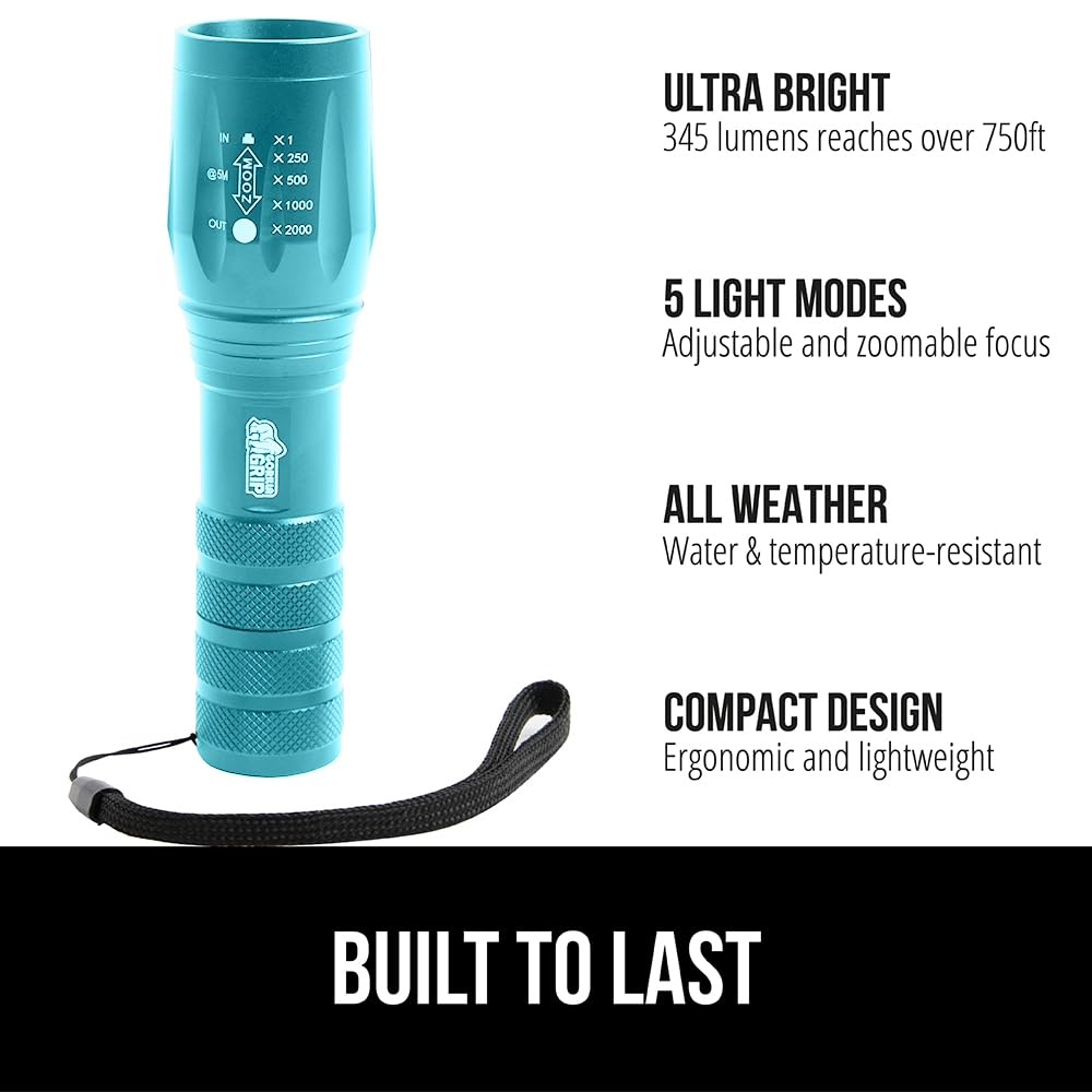 Gorilla Grip LED Tactical Flashlight, 750 FT Zoom, 5 Modes, Water Resistant, Metal, Turquoise, Model 840029670934