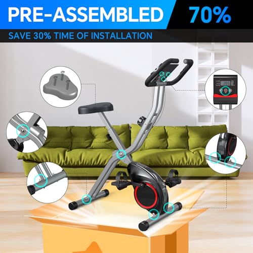 Foldable Exercise Bike for Small Apartments, Stationary Bikes for Home, Indoor Portable Cycling Bike with 16-Level Magneti...