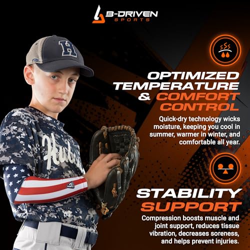 B-Driven Sports Pro-Fit Compression Arm Sleeve for Baseball, Football and Athletic - For Men, Women, Youth, Kids - 42 Colors