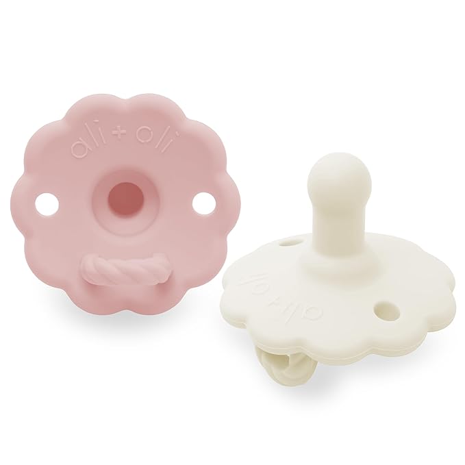 Ali+Oli Pacifier for Baby (2-pk) Set Daisy Flower Scallop (Pink-White) Concaved Shield Newborn Pacifiers, BPA-Free Silicone Baby Pacifier Set, Baby Binkies, Chupones para Bebes