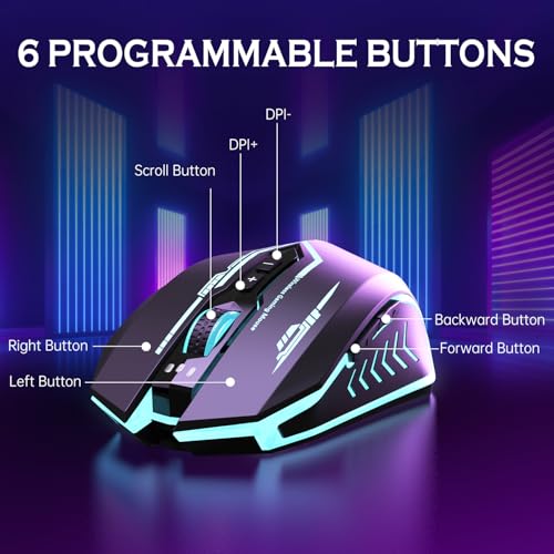 UHURU Wireless Gaming Mouse Up to 12000 DPI, Rechargeable USB-C Wireless Mouse with 7 Buttons 7 Dynamic LED Color Ergonomi...