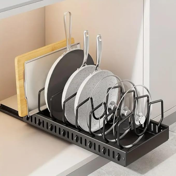 AmoiChic Pull Out Cabinet Organizer for Pots and Pans, Black Storage Rack with 8 Adjustable Dividers, Kitchen Countertop Lid Holder for Pot Lid, Bakeware, Dishes Storage, 2 Pack