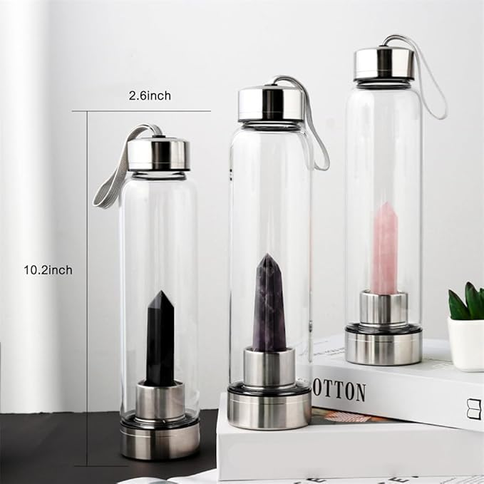Crystal Glass Water Bottle,Water Bottle With Gemstone Center Crystal Elixir Bottle,Removable Gemstones Creative Water Cup Crystal Column Magic Wand Energy Cup for Gifts (P-Yellow Smelting Stone)