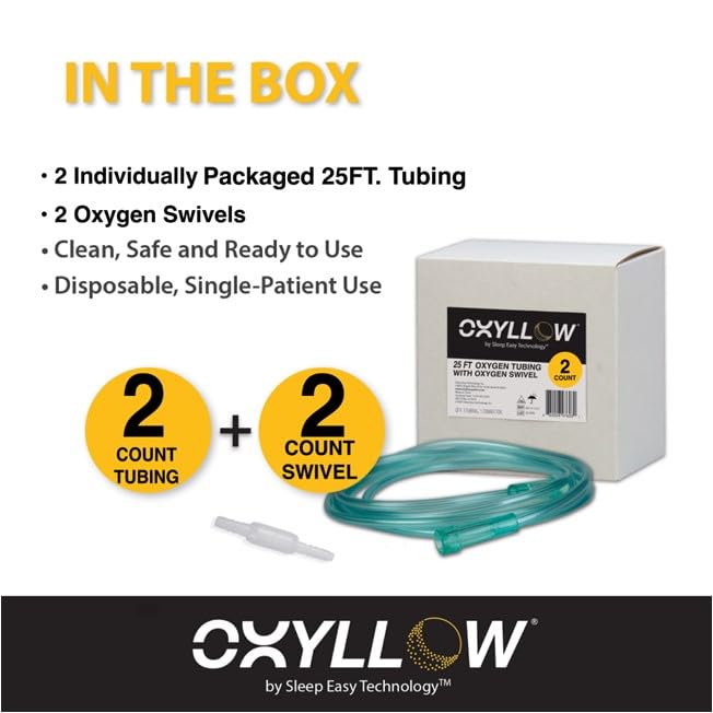 Oxyllow Premium 25 FT Oxygen Tubing and Oxygen Swivel - 2-Count - 6-Channel Kink-Resistant Air Flow - High-Visibility Green Tint - Universal End Connectors - Durable, Medical Grade Oxygen Therapy