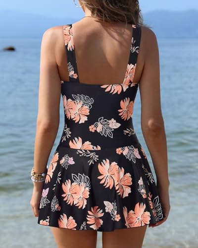 Yonique One Piece Swimsuits for Women Modest Tummy Control Swimdress Vintage Bathing Suits Skirt Swimwear