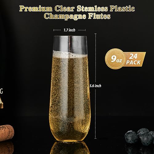 FOCUSLINE 24 Pack 9 Oz Clear Plastic Champagne Flutes, Stemless Plastic Champagne Glasses Clear, Heavy Duty Toasting Glass...