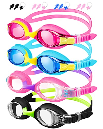 XDX Kids Swim Goggles 4-14, 4 Pack for Boys and Girls, Anti-Fog With UV Protection