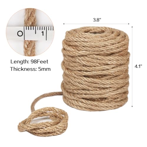Vivifying 5mm Jute Rope, 98 Feet Strong Natural Jute Twine for Crafts, Cat Scratching Post, Garden Plants, Bundling and Ha...