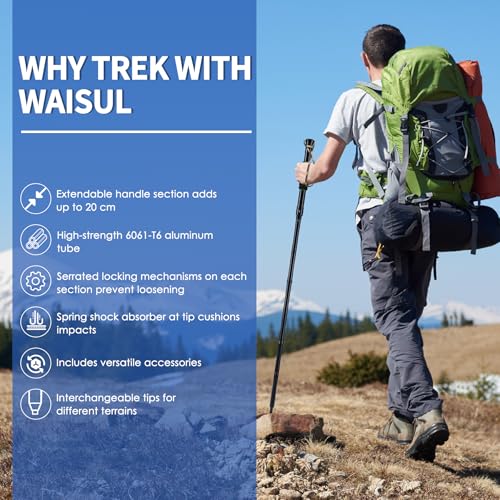 Waisul Tactical Survival Hiking Stick - Retractable Walking Staff with Multitool | Shock Absorption, Unique Twist-Lock & Q...