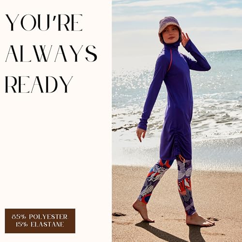 Islamic Full-Length Patterned Modest Swimsuit for Women | 4 PCS Muslim Burkini Set | Full Coverage Long Sleeve Rash Guard