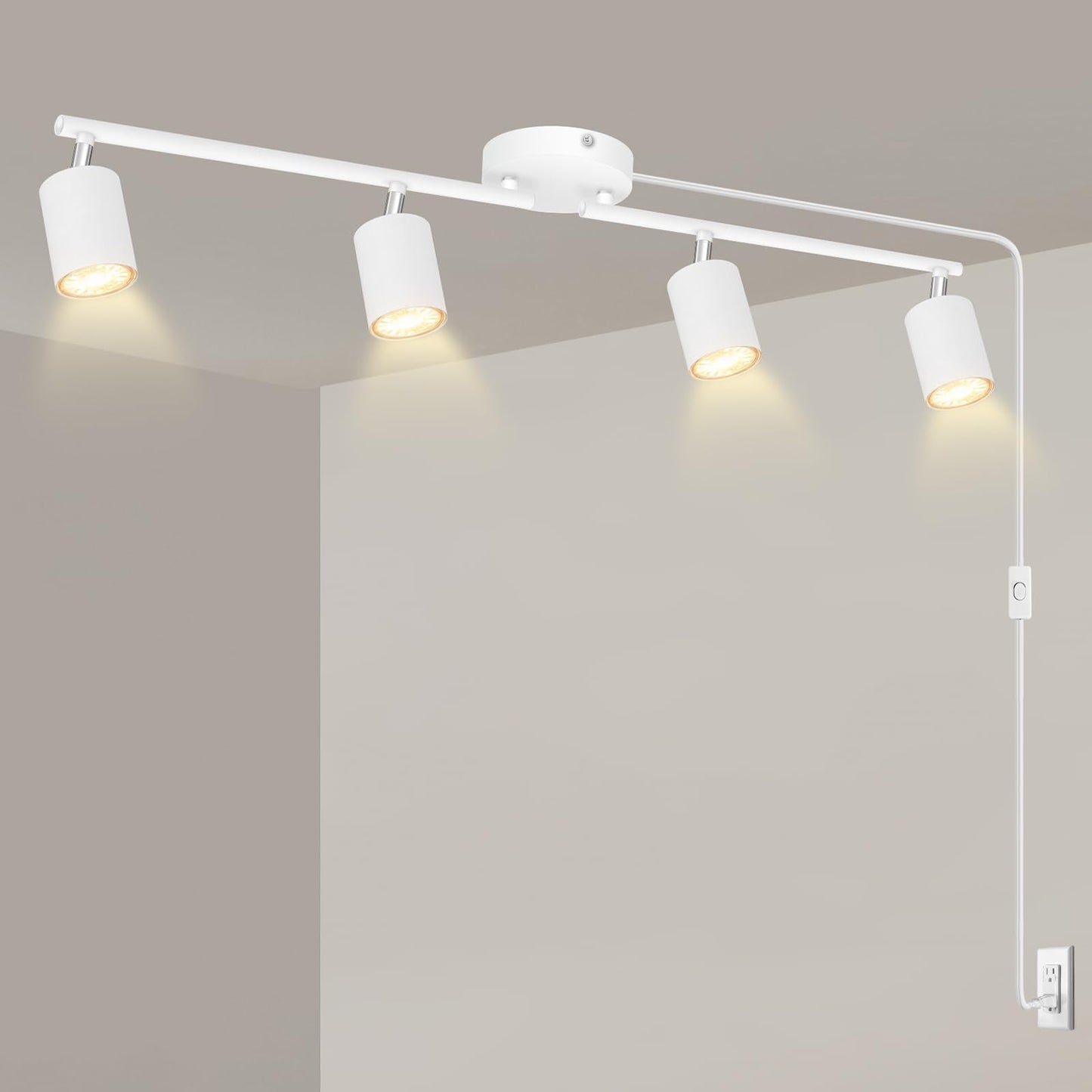 Track Lighting Plug In  Led Track Lighting Fixtures Ceiling Kit  White 4-Light Ceiling Light Plug-In  Wall Light With 14.8Ft Power Cord  Rotatable Kitchen Spotlight For Bedroom(Gu10 Socket  No Bulb)