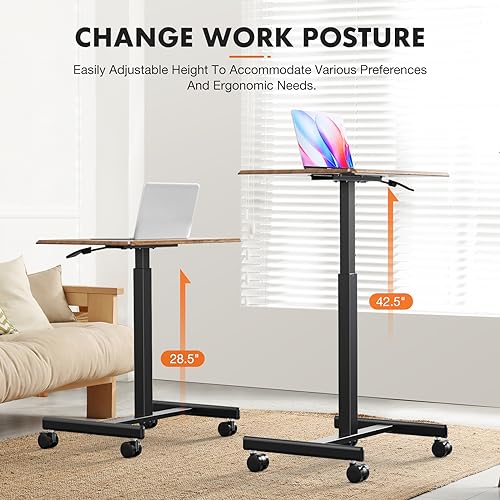 Sweetcrispy Mobile Small Standing Desk - Sit Stand Portable Rolling Laptop Desk with Lockable Wheels, Adjustable Height Co...