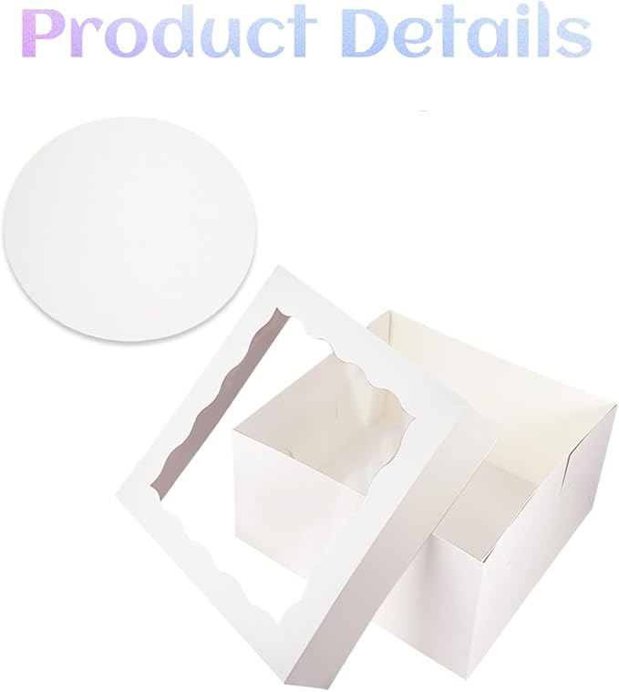 qiqee White 10x10x8 Cake Box, 18 Sets Cake Box with Window ＆ 18 Sets 10" Cake Round Boards, 10inch Cake Containers, 10 Meters Pink Silk Ribbon Includes