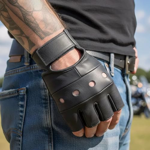 Hot Leathers GVM1004 Unlined Fingerless Leather Gloves with Padded Palm-Black-3XL