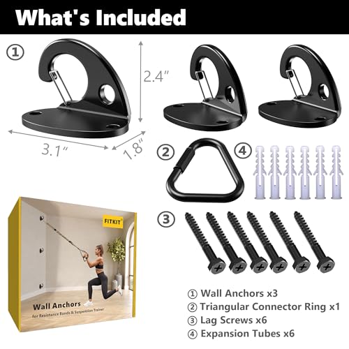 FITKIT 3-Pack Resistance Band Wall Anchor Set, No Weld Wall Mount for Exercise Bands & Suspension Straps – Compact Strengt...