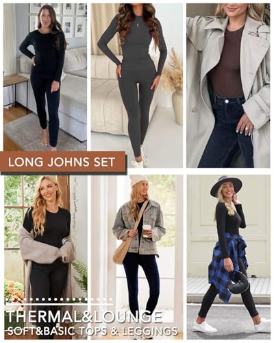 Ekouaer 3 Sets Thermal Underwear for Women Long Johns Long Sleeve Base Layer for Cold Weather S-XXL