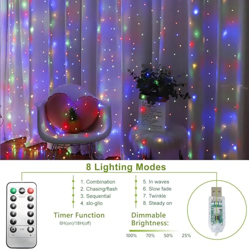 300 LED Curtain String Lights, Fairy Lights with 8 Light Modes, 9.8x9.8Ft Remote USB Plug Fairy String Lights for Christma...