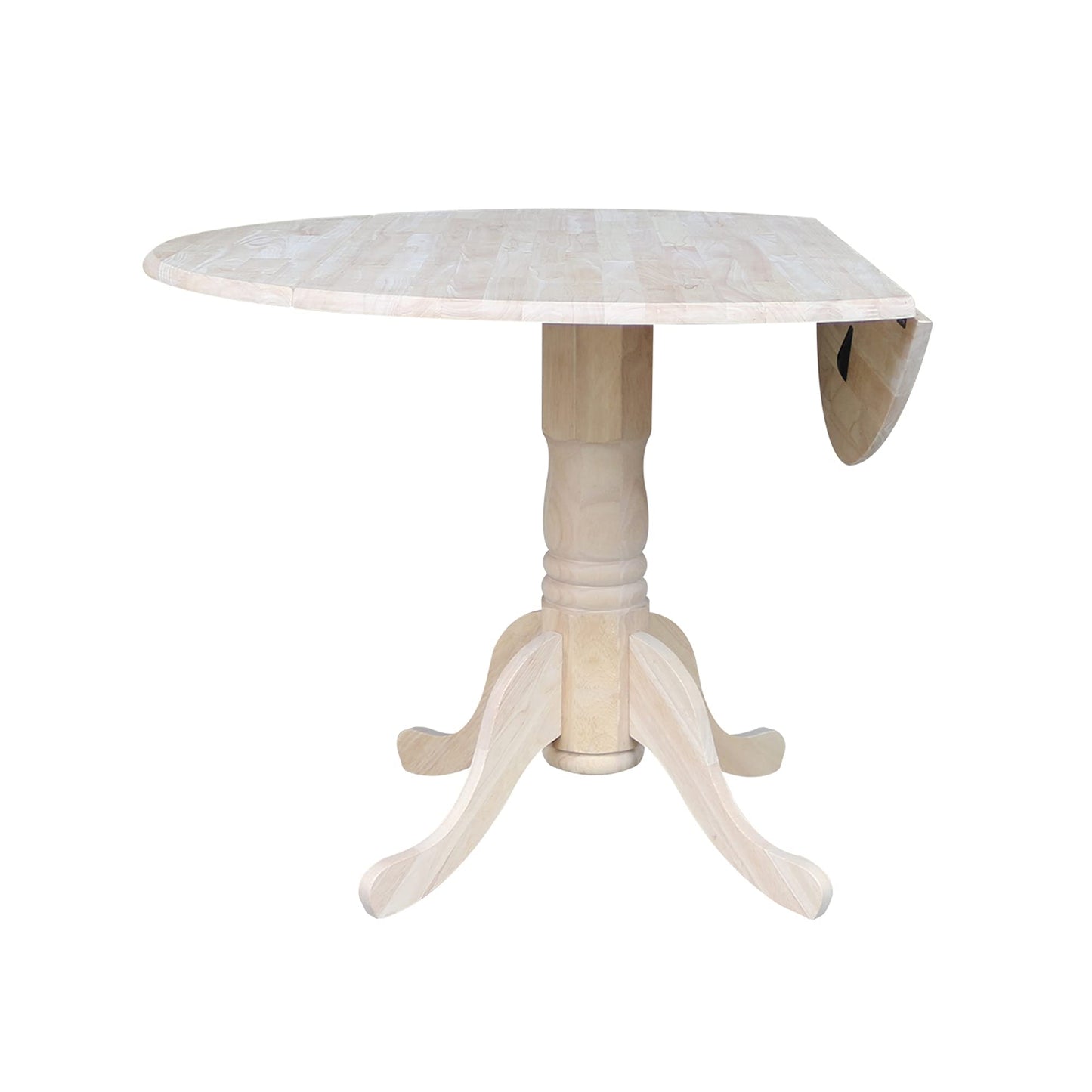 IC International Concepts, Round Dual Drop Leaf Pedestal Dining Table, Solid Real Wood, Sturdy Parawood, Dimensions 42"D x 42"W x 29.5"H, 40lbs Capacity, Paint/Stain Ready, Unfinished