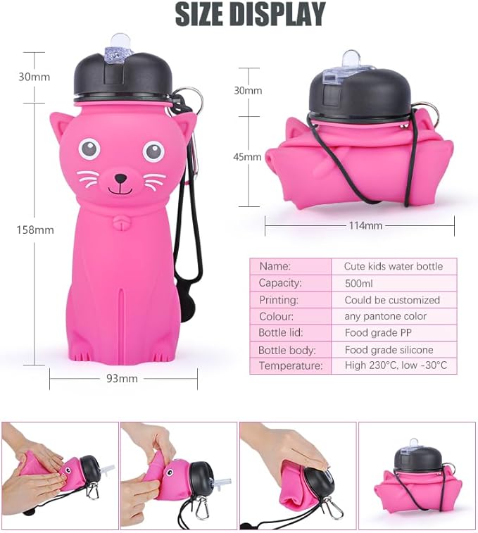 Collapsible Silicone cat Water Bottle with Carabiner |500ml(16.9 oz) | for Girls in the School, Hiking, Backpacking, Camping, Work out Sports | BPA Free(kawaii & cute Rose red cat)