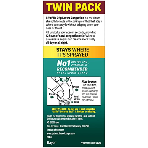Afrin No Drip Severe Congestion Nasal Mist Twin Pack, Non-Drowsy, Fast-Acting Decongestant for Nasal Congestion and Sinus Pressure Relief, Adults and Children 6 and Older, .5 fl oz (Pack of 2)