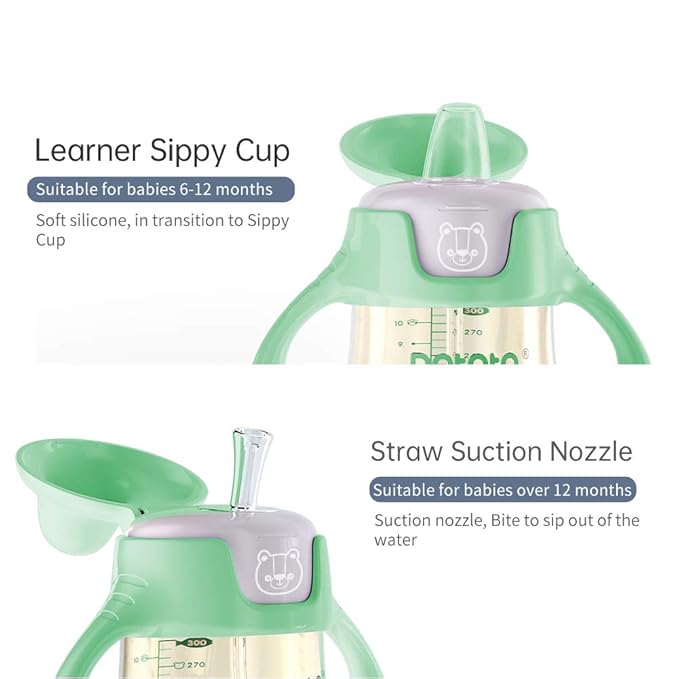 POTATO Sippy Cups For Toddlers with Straw Spill Proof, PPSU Learner Cup with Handle for Babies, Water Bottle for Baby 12 Months with 2 Type of Spout, 10 Ounce Green