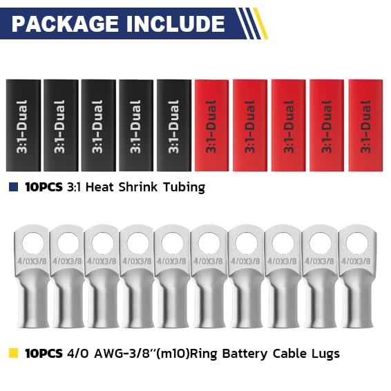 haisstronica 10pcs 4/0 AWG - 3/8"(M10) Tinned Copper Battery Lugs