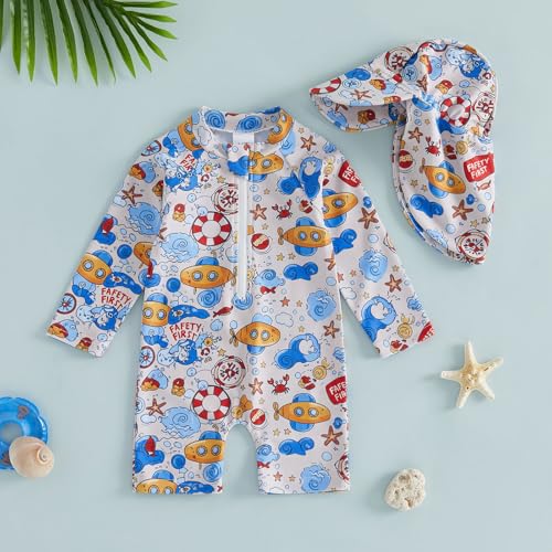 Baby Boy Rash Guard Swimsuit Color Block Long Sleeve Zipper One Piece Swimwear Toddler Bathing Suit ＋ Shark Sun Cap