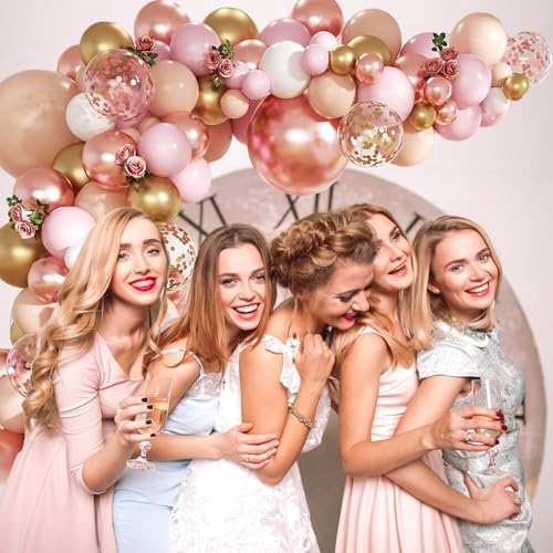 Rose Gold Balloon Garland Arch Kit, 140Pcs Nude Pastel Pink Metallic Gold White Balloons Gold and Rose Gold Confetti Ballo...