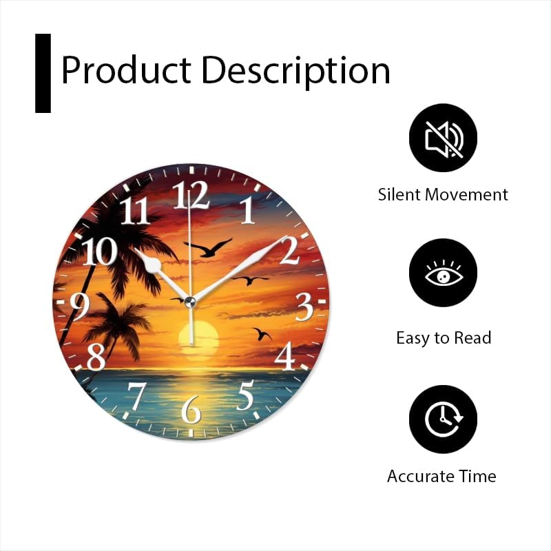 Sunset Wall Clock Non-Ticking Silent Clocks Battery Operated Analog Decor Clock for Home-Beautiful Sunset Over The Ocean with Palm Trees and Birds Flying in The Sky(14inch)