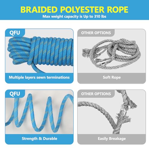 Heavy Duty Fall Protection Rope for roof & tree climbing. Includes safety harness, alloy steel clips, shock-absorbing lanyard