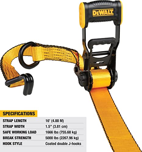 DEWALT DXBC50002 Black/Yellow 1.5" x 16' Ratchet Tie Down Straps - Heavy-Duty Cargo Hauling (5000 lb Break Strength), 2 Pack
