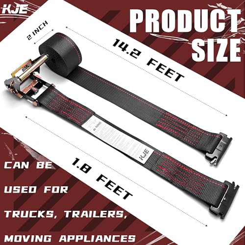 KJE E-Track Ratchet Straps, 4 Pack Black 2" x16' Heavy Duty Cargo Tie-Downs, 4500LBS Breaking Strength, Standard E Track F...