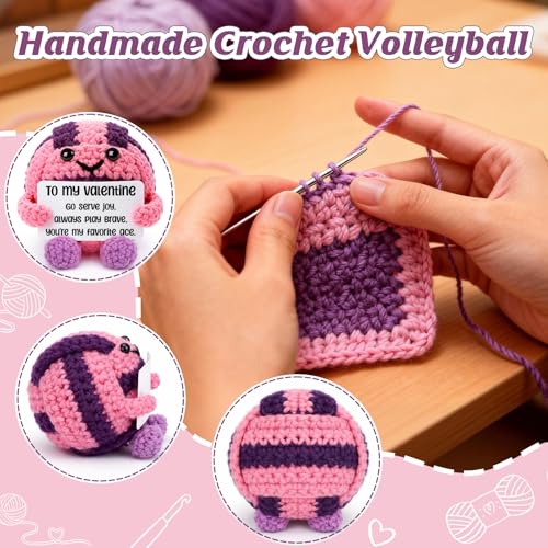 Weming Volleyball Gift for Teen Girls – Mini Crochet Volleyball Plush with Pun Card, Pink Purple Valentine or Birthday Pre...