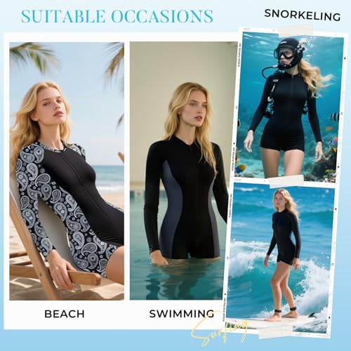 Zando Womens UPF50+ Tummy Control Rash Guard Long Sleeve Swimsuits One Piece with Front Zipper & Boyleg for Surfing Swimming