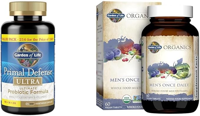 Garden of Life Probiotics & Men's Multivitamin Bundle - Primal Defense Ultra Probiotic 216 Capsules + Once Daily Whole Food Multivitamin 60 Tablets