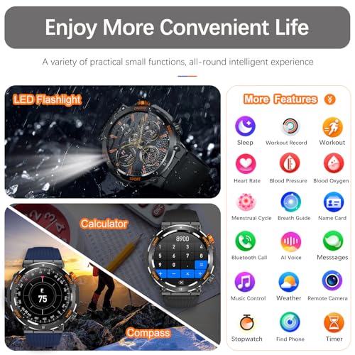 Military Smart Watch for Men Answer/Make Call, Outdoor Waterproof Tactical Sports Smartwatch with LED Flashlight Compass, ...