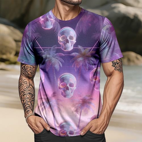 Hawaiian T Shirts for Men - Skull Palm Tree | Short Sleeve Crewneck Hawaiian Graphic Tees Summer Tops,for Travel