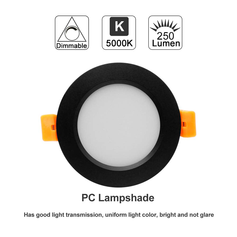YGS-Tech LED Recessed Lighting Downlight 3W 5000K Daylight White 4 Pack, Dimmable, CRI80, Black