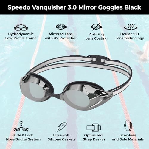 Speedo Vanquisher 3.0 Mirror Swim Goggles | Anti-Fog, UV Protection, Ocular 360 Lens, Hydrodynamic Racing Fit