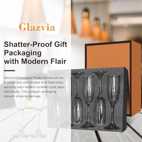 GLAZVIA Champagne Flutes Glasses Set of 6-6oz Elegant Crystal Glass, Classic Long Stem Clear Champagne Flute Gift for Wedd...