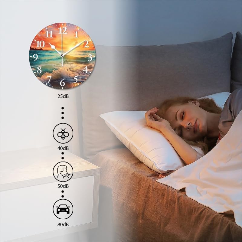 Beach Wall Clock Non-Ticking Silent Clocks Battery Operated Analog Decor Clock for Home-Beautiful Sunset Over The Ocean with Waves Crashing On The Shore(12inch)