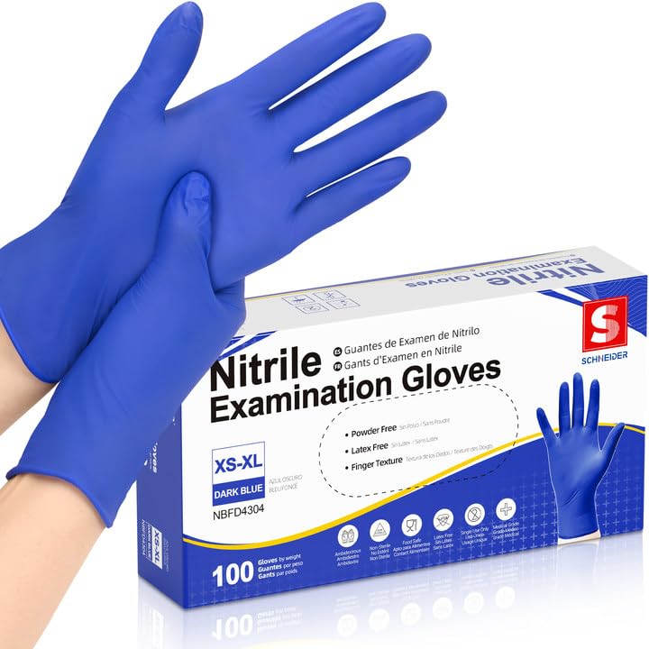 Schneider Nitrile Exam Gloves, Dark Blue, Disposable Gloves, Latex-Free, Powder-Free, Food Safe for Cleaning, Cooking, Household Use,100 Count,Size Medium