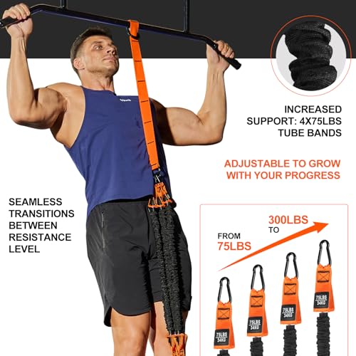 Pull Up Assistance Bands Set - 4 Heavy Duty Resistance Bands 300lbs, Adjustable Weight/Size with Footrest for Home Gym Str...