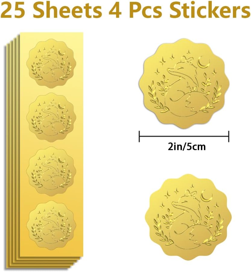 Peacoblue Gold Foil Sticker Seal Embossed 2 Inch 100Pcs Fox and Moon, Self Adhesive Gold Around Embossing Sticker for Invitation Certificate Envelope Seal Gift Card Decoration
